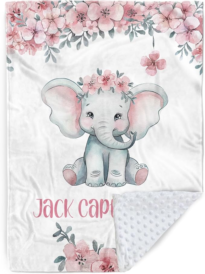 Personalized Baby Blankets for Girls Boys, Custom Elephant Baby Blanket with Name for Kids, Flannel Bed Throw Blanket for Newborn, Customized Baby Gifts for Baby Shower Nursery Blanket(60"x80)