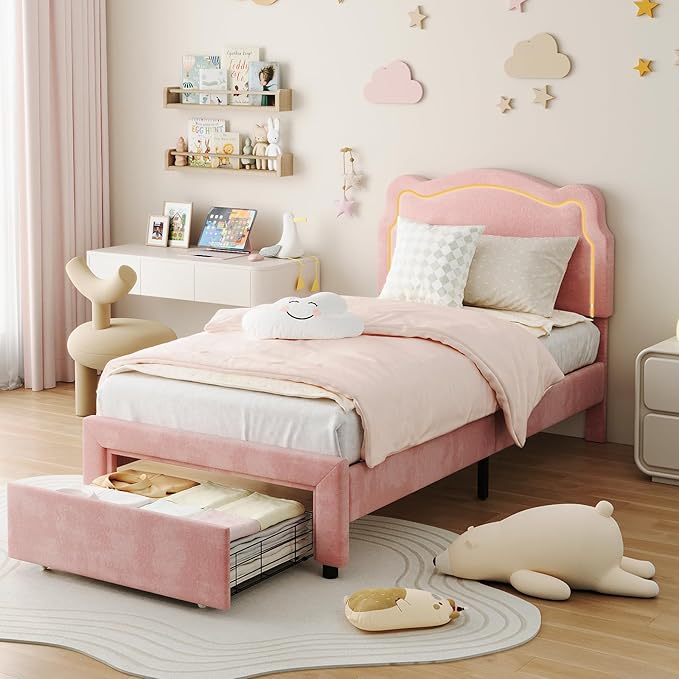 GarveeHome Twin Upholstered LED Bed Frame with Headboard, Velvet Princess Platform Bed Frame for Kids, Wooden Slats Support, No Box Spring Needed (Pink with Drawer, Twin)