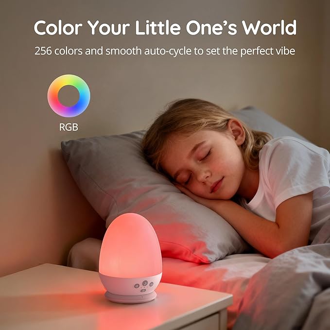 JolyWell Baby Night Light with Sound Machine, RGB Egg Light for Kids, 3 Color Temperatures, Stepless Dimming, USB-C Rechargeable, Touch Lamp for Nursery & Bedroom