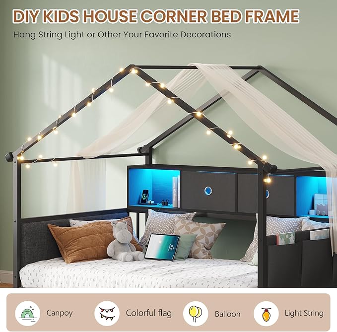 DICTAC Twin Corner Bed Frame with Storage Bookcase,Charging Station and Upholstered Headboard House Shaped Twin Size Bed Frame with 2 Storage Drawers,RGB LED and Globe Lights,Kid twin House Beds,Black