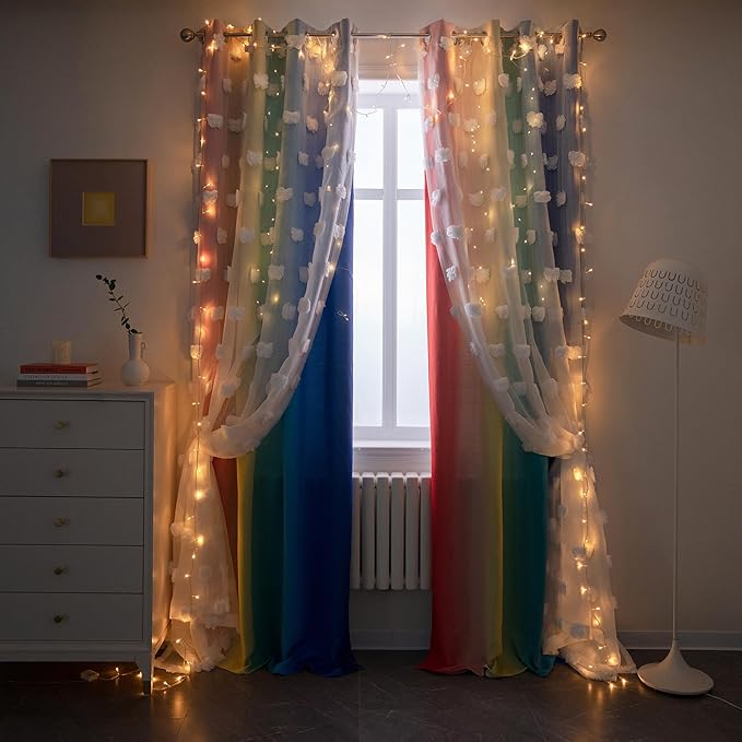 MYSKY HOME Rainbow Curtains for Bedroom 90 Inches Long Living Room Curtains Pom Pom Sheer Curtains for Dining Room Grommet Double Layer Nursery Curtains Toddler Room Darkening Window Panels 52" x 90"