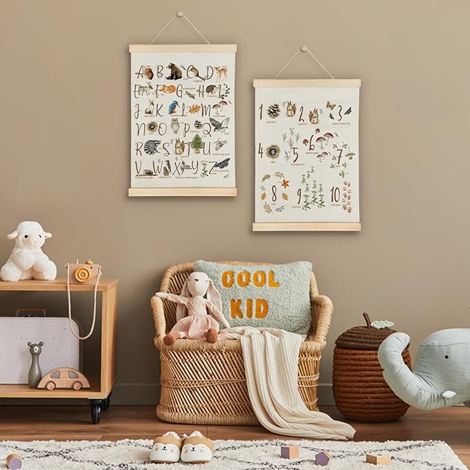 SereneHanctuary Alphabet Number Nursery Wall Art,Classroom Wall Decor, Animal Botanical ABC Numbers 1-10 Educational Poster Hanger Frame for Kids Room Classroom Decor,12x16 Inches Set of 2