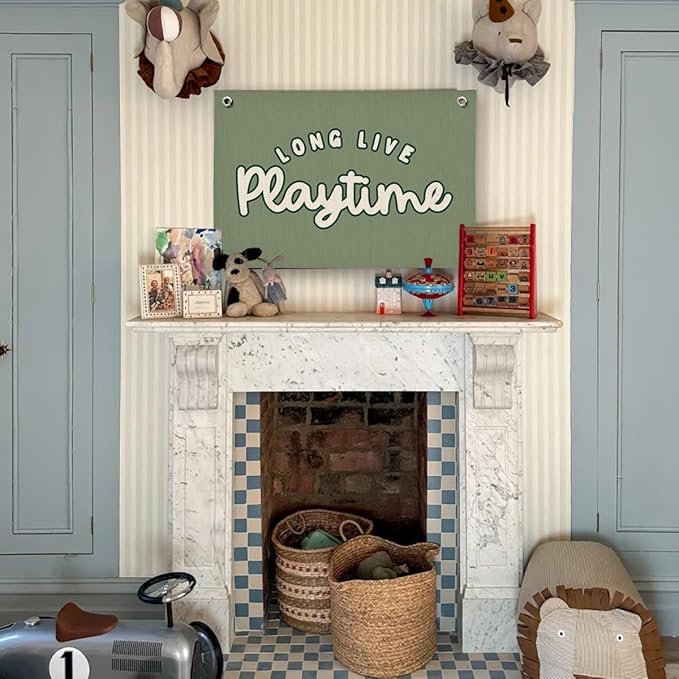 Playroom Decor for Boy, Long Live Playtime Wall Hanging Linen Banner, Blue Striped Wall Flag for Kids Room Nursery Playroom Decor, 20x30 Inch-Green
