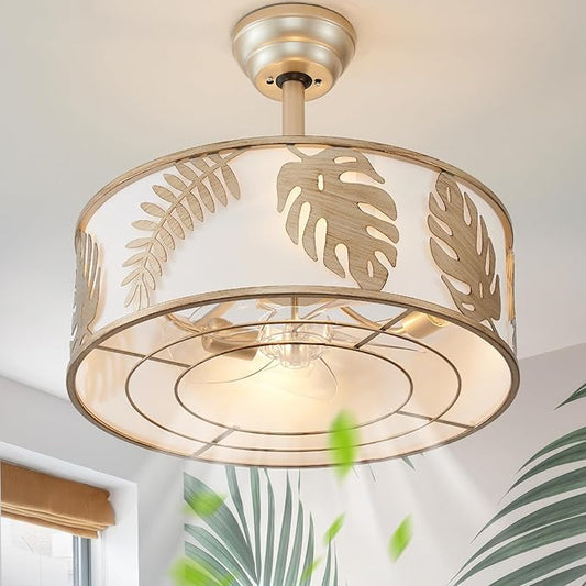 20" Gold Caged Ceiling Fans with Lights, Gold Fandelier Ceiling Fan with Light Remote Control, Bladeless Caged with 6 Speeds for Bedroom, Nursery, Living Room