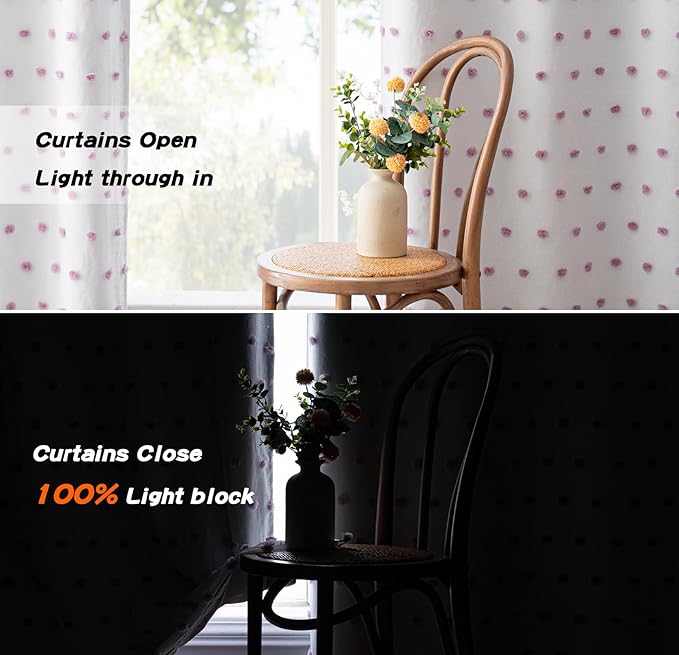 MYSKY HOME 100% Blackout Curtains for Girls Bedroom 54 Inch Long Purple Pom Pom Full Blackout Curtains for Kids Room 2 Panels Room Darkening Small Window Treatment Back Tab 2 Layered Drapes 52 Wide