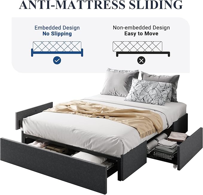 Allewie Full Size Platform Bed Frame with 3 Storage Drawers, Fabric Upholstered, Wooden Slats Support, No Box Spring Needed, Noise Free, Easy Assembly, Dark Grey