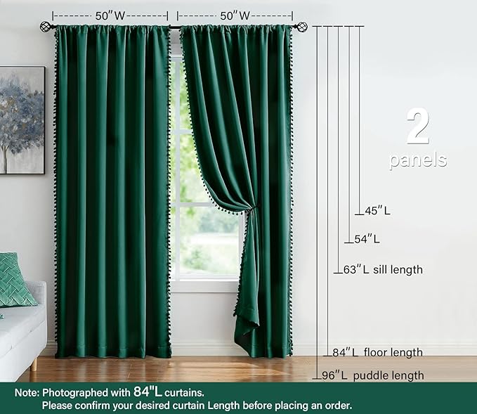 Treatmentex Green Pompom Curtains for Bedroom Living Room 95 inch Triple Weave Full Blackout Window Drapes for Hotel Men's Guest Room 52" w x2 Panels Rod Pocket