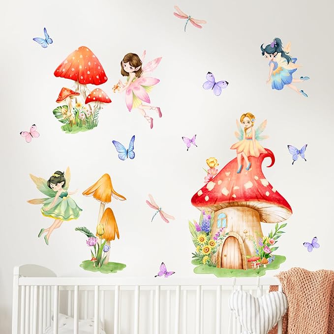 Supzone Mushroom Fairy Wall Decals for Girls Elf Flower Butterfly Dragonfly Wall Stickers Peel and Stick Vinyl Wall Art Decor for Kids Baby Nursery Bedroom Living Room