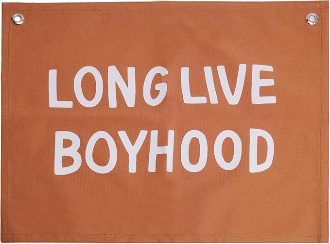 Canvas Long Live Boyhood Banner Wall Flag Wall Art for Nursery, 12"x 16" Modern Kids Room Decor Canvas Banner Brown Flag