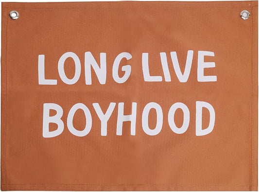 Canvas Long Live Boyhood Banner Wall Flag Wall Art for Nursery, 12"x 16" Modern Kids Room Decor Canvas Banner Brown Flag