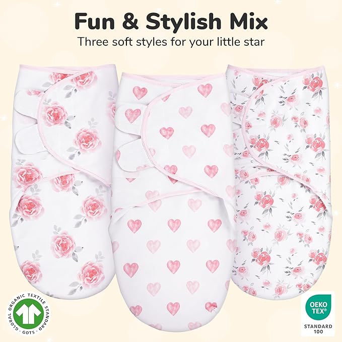 Mama Cheetah Preemie Swaddle Sack, Organic Swaddling Sleep Sacks for Preemies, Swaddle Blanket Wrap, Easy Swaddles for Premature Baby Girl 4-7 lbs, Newborn Essentials, 3-Pack, Cotton, Grey/Pink