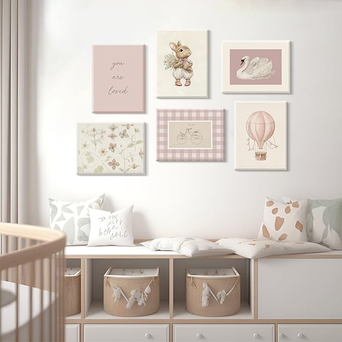 Pink Nursery Wall Art Baby Girl Canvas Wall Decor Vintage Poster Bunny Flower Wall Art Antique Preppy Pictures Animal Floral Prints Kids Swans Painting for Girls Room Bedroom 12x16x6 Inch Framed