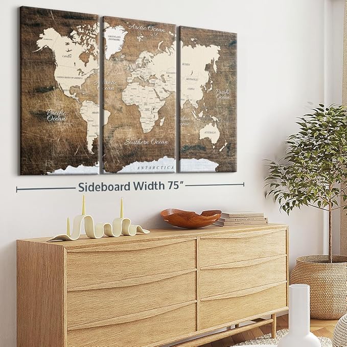 ElephantStock Aged Brown World Map I Wall Art - 3 Piece Canvas World Map Wall Decor - Ready-to-Hang Canvas Print - Vintage Wall Art - 74" X 48"