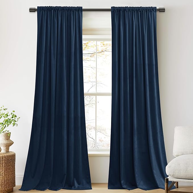 StangH Blue Velvet Curtains - Navy Blackout Curtains for Bedroom Back Tab Thermal Insulated Noise Reducing Window Drapes for Living Room, W52 x L84, 2 Panels