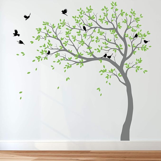 Large Tree Wall Decals Nursery Leaning Tree Stickers with Birds Wall Art Mural Vinyl Decor KW032 (Leaning Left, Grey, Lime-Tree Green, Black)
