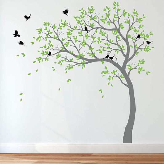 Large Tree Wall Decals Nursery Leaning Tree Stickers with Birds Wall Art Mural Vinyl Decor KW032 (Leaning Left, Grey, Lime-Tree Green, Black)