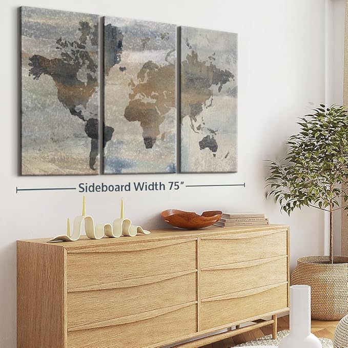 ElephantStock Stone World Wall Art - Horizontal Canvas - 3-Piece Lobby Wall Decor - Painting Map Canvas Print - Beige and Gray Decor for Wall by Avery Tillmon - 74" X 48"