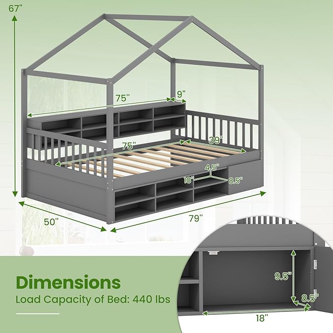 KOMFOTT Twin Size Wood House Bed with Storage Shelves, Wooden Platform Bed Frame with Storage Cabinet, Headboard & Footboard, House Bed with Wood Slats Support, No Box Spring Needed (Grey)