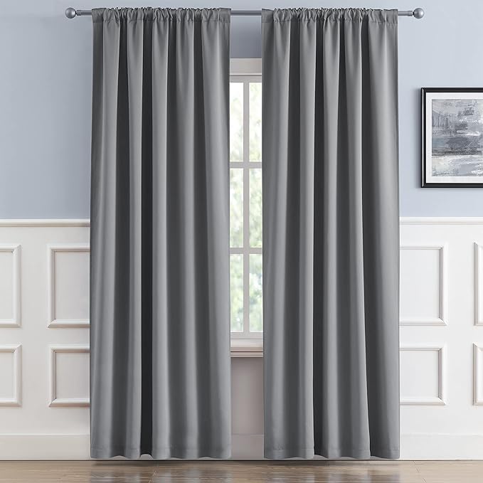 DUALIFE Thermal Insulated Gray Blackout Curtain Panels 96 Inches Long, Back Tab and Rod Pocket Room Darkening Curtains for Bedroom 52W x 96L, Grey, 2 Panels