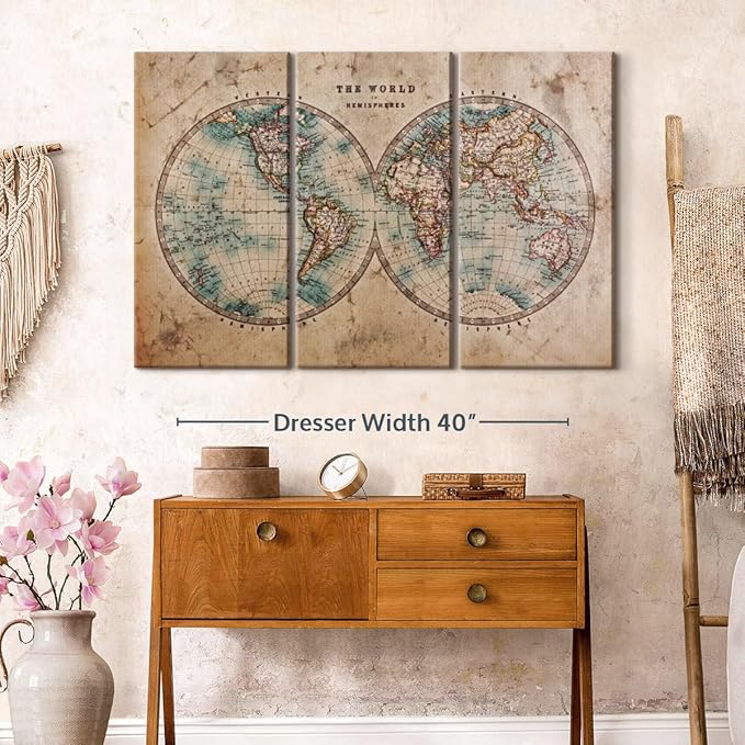 ElephantStock Hemisphere Map Wall Art Multi Piece Canvas - 3 Piece Canvas World Map Wall Decor - Wall Decor - Vintage Wall Art - 50" X 32"