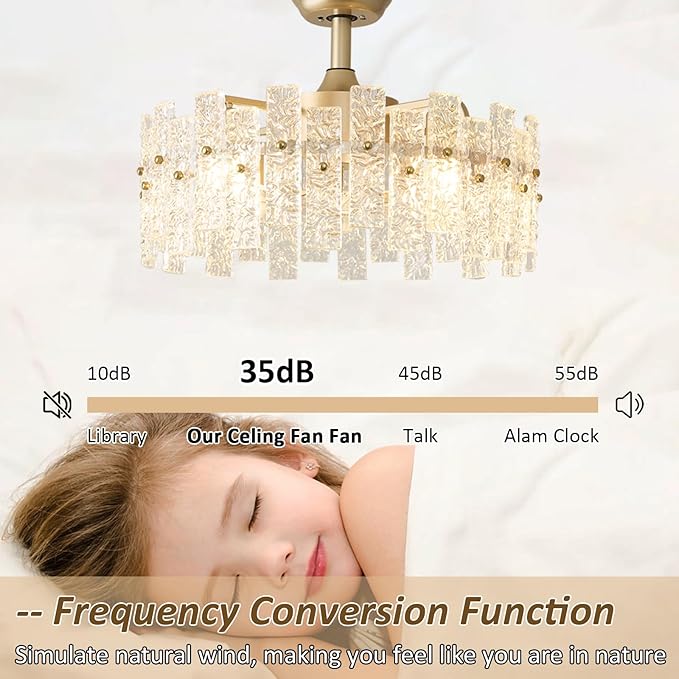 20" Gold Fandelier Ceiling Fan with Lights, Gold Crystal Chandelier Ceiling Fans with Light Remote Control, Modern Caged 6-Speed for Bedroom, Living Room, Nursery