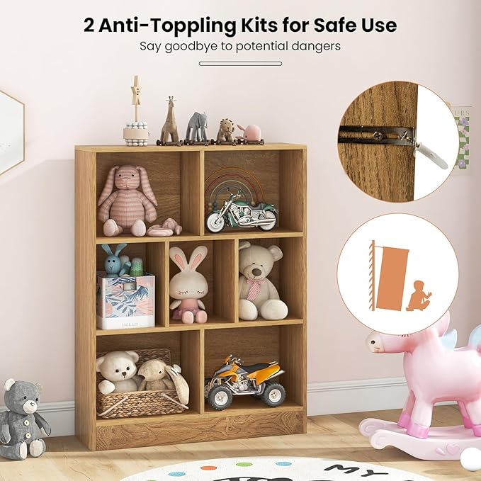 Costzon 7-Cube Bookshelf for Kids, Wooden Toy Storage Organizer w/ 2 Anti-Toppling Kits, 3 Tier Open Shelves & Non-Slip Foot Pads, Montessori Toy Shelf for Kids Rooms, Playroom, Classroom, Nursery