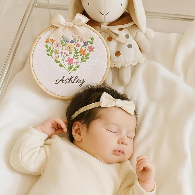 Personalized Baby Name Sign Welcome Baby Announcement Sign Newborn Baby Embroidery Hoop with Bows Baby Hospital Name Sign Custom Infant Baby Name Baby Shower Gifts (05)