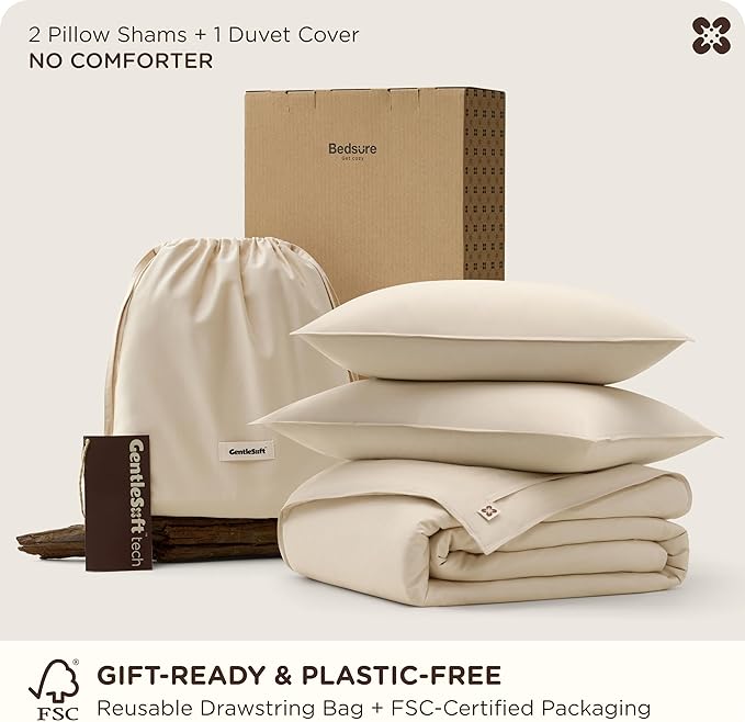 Bedsure Cotton Duvet Cover Queen Size, Cotton & Rayon Derived from Bamboo Blend Duvet Cover Set for Hot Sleepers, Ultra-Soft, Breathable & Lightweight Home Bedding for All Seasons (Beige, 90"x90")