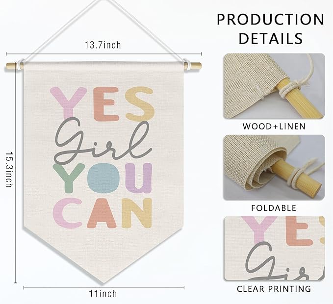 Motivational Nursery Kids Girls Room Decor Inspirational Baby Girl Toddler Room Bedroom Classroom Wall Decor, Yes Girl You Can Banner Pennant Hanging, 15x11in