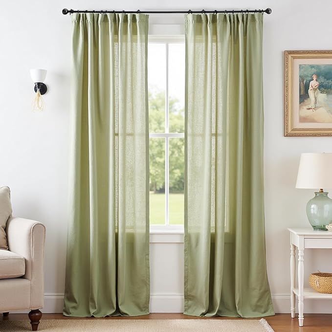 jinchan Linen Blend Curtains 96 inch Length 2 Panels for Bedroom Living Room, Floor to Ceiling 50 inch Wide Farmhouse Drapes with Rod Pocket Back Tab(50W x 96L, Sage Green)