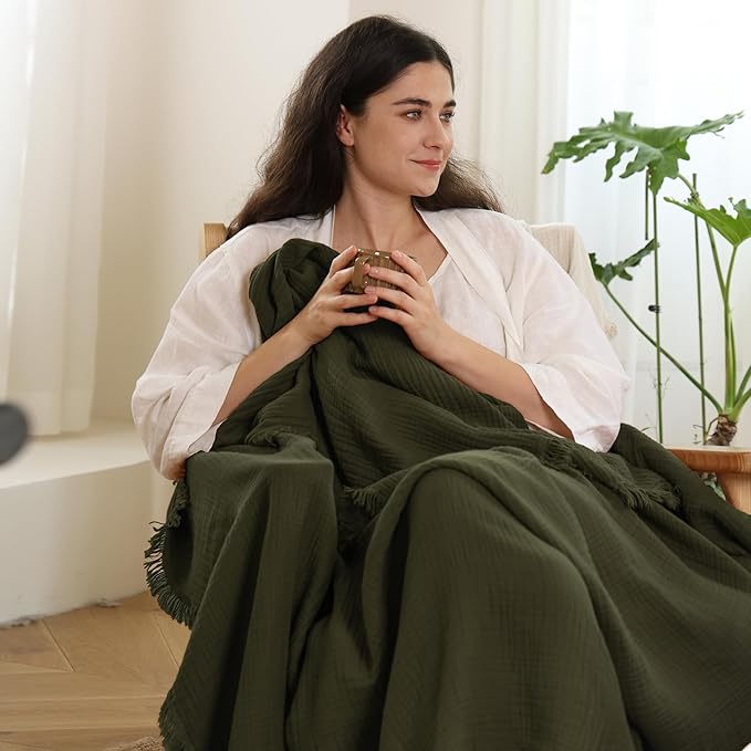 MooMee Muslin Blanket - 100% Cotton 4-Layer Gauze Throw Blanket with All-Around Fringe, Ultra-Soft Breathable Lightweight Cooling Decorative for Bed, Sofa & Couch (Olive Green,Throw XL 50" x 70")