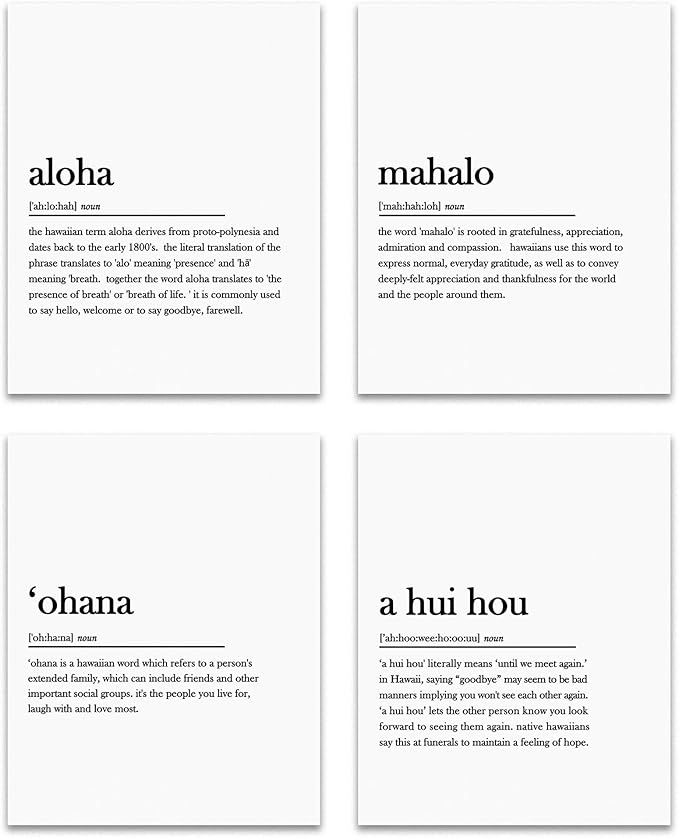 OFJE Inspirational Hawaiian Wall Wall Art Decor Prints Set of 4,Aloha, Mahalo, ʻOhana, A Hui Hou Minimalist Wall Art Posters Decor for Gratitude Family Hope, 8x10 Unframed