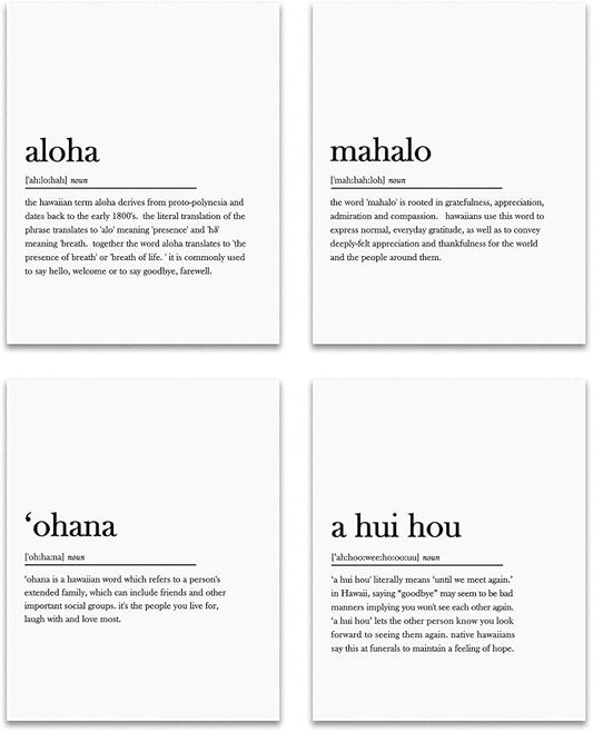 OFJE Inspirational Hawaiian Wall Wall Art Decor Prints Set of 4,Aloha, Mahalo, ʻOhana, A Hui Hou Minimalist Wall Art Posters Decor for Gratitude Family Hope, 8x10 Unframed