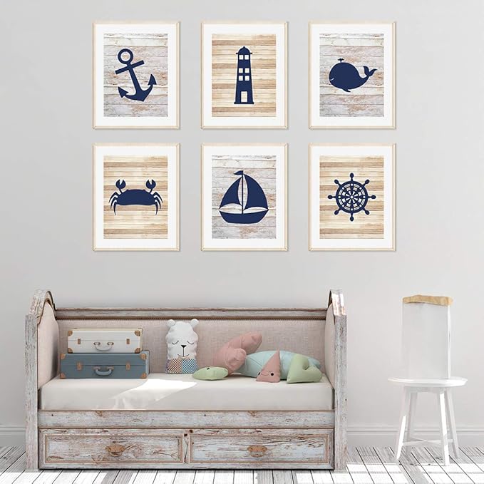 Andaz Press Ocean Nautical Sailor Theme Nursery Kids Bedroom Hanging Wall Art Decor, 8.5x11-inch, Rustic Distressed Wood, Anchor, Lighthouse, Whale, 6-Pack, Unframed Room Poster