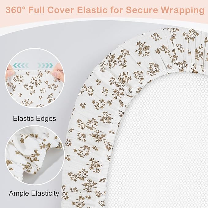 Basumee Muslin Bassinet Sheets for Baby Girl Boy 2 Pack Soft Breathable Baby Bedside Bassinet Fitted Sheets with Bottom Elastic Band 33''x17''x4'' Mattress Cover for Rectangle Oval Hourglass Bassinets