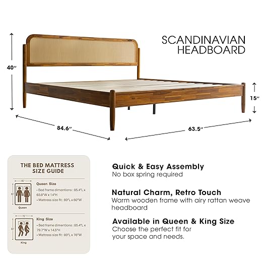 King Size Bed Frame Solid Wood Platform Bed with Headboard & Footboard, 12 Sturdy Slatted Base, Metal Legs, No Box Spring Needed, Noise-Free & Slip-Free, Easy Assembly, Acacia Honey Finish, JMK-38