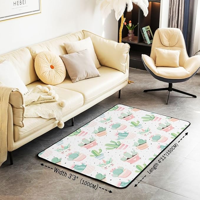 jejeloiu Cute Cactus Decorative Carpet Area Rug 4x5 Kids Boys Girls Green Botanical Living Room Rugs for Bedroom Area Rug 4x5 Carpet Kitchen