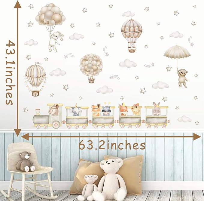Large Train Animal Wall Decals Cartoon Balloon Animal Wall Stickers Watercolor Cloud Hot Air Balloon Wall Decals Peel and Stick Cute Animal Train Wall Stickers for Kid Room Baby Nursery Decor