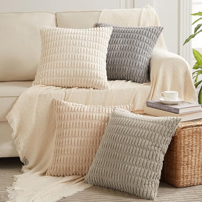 Fancy Homi 2 Packs Boho Decorative Throw Pillow Covers 16x16 Inch for Living Room Couch Bed Sofa, Rustic Modern Farmhouse Home Decor, Soft Corduroy Cream Square Cushion Case 40x40 cm