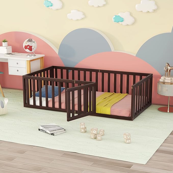 Merax Twin Floor Bed with Safety Guardrails and Door, Wood Montessori Floor Bed Frame for Kids, Twin Playhouse Bed Frame for Baby Girls and Boys, Walnut