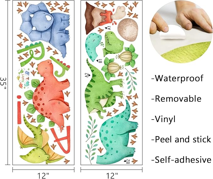 Mfault Watercolor Dinosaur Roar Wall Decals Stickers, Peel Stick Dino Stegosaurus Volcano Nursery Decorations Baby Boys Girls Bedroom Playroom Art, Neutral Tyrannosaurus Rex Kids Classroom Room Decor