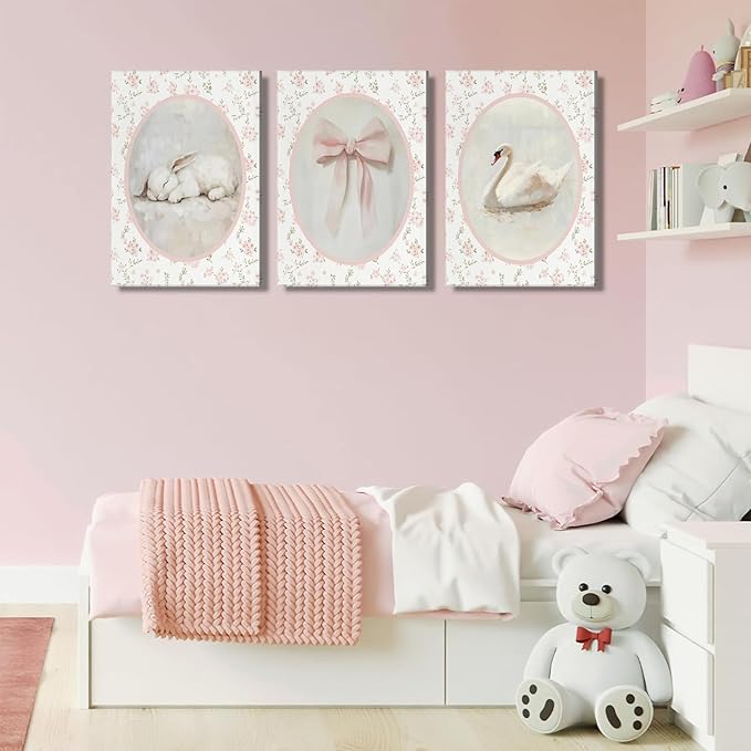 3Pcs Pink Vintage Nursery Canvas Wall Art Cute Animal Rabbit Swan Bow Flower Posters Prints Baby Girl Room Picture Wall Decor for Girls Room Bedroom Decorations Ready To Hang