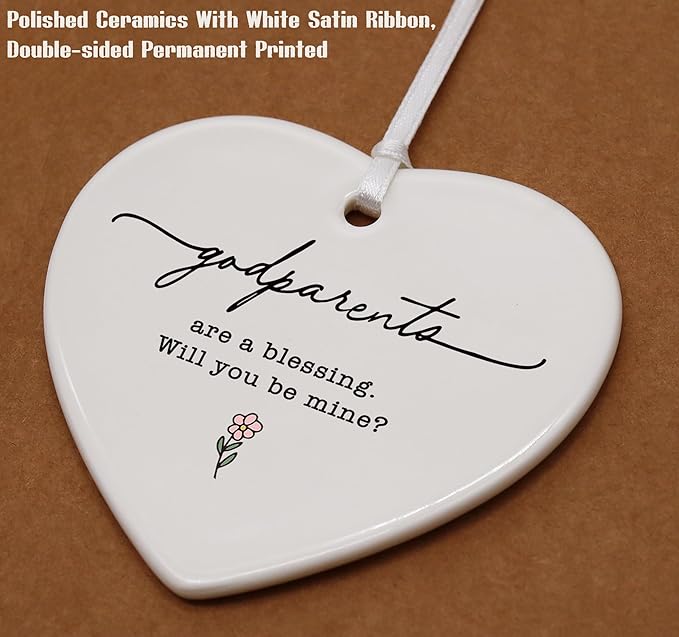 Heart Shaped Christmas Ornament-Godparents Proposal Gift for First Time Godmother Godfather Pregnancy Announcement Christening Baptism Present Family Keepsake Ceramic Decor