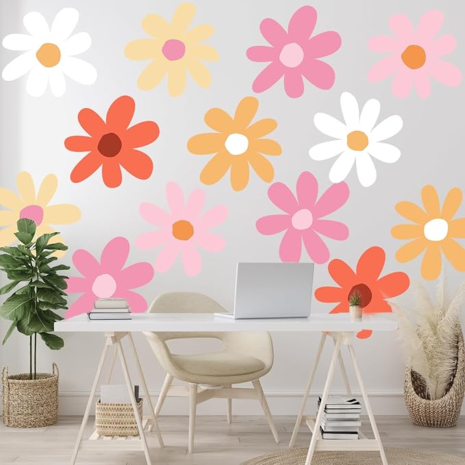 TaoBary 12 Sheets Daisy Wall Decal Flower Wall Sticker Cute Daisy Sticker Pink White Flower Decal Peel and Stick Floral Wallpaper for Nursery Bedroom Home Decor(Bright Color,Minimalist Style)