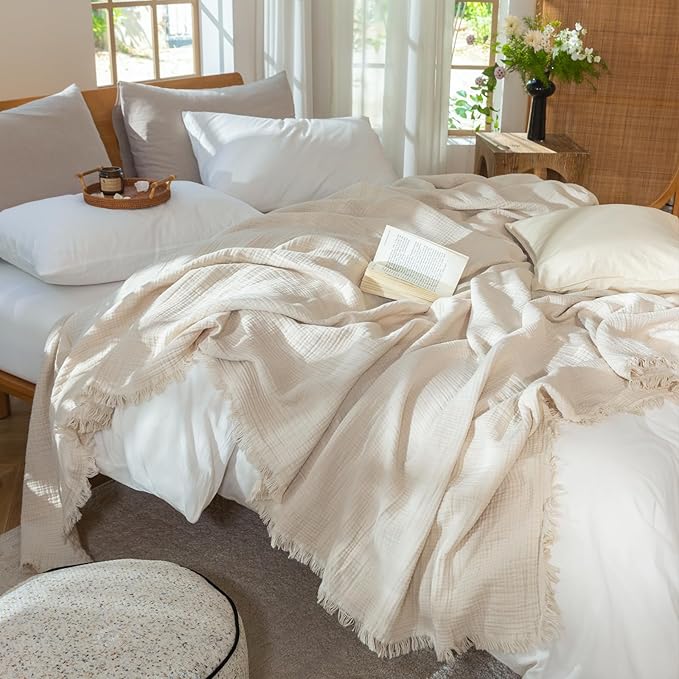 MooMee Muslin Blanket - 100% Cotton 4-Layer Gauze Throw Blanket with All-Around Fringe, Ultra-Soft Breathable Lightweight Cooling Decorative for Bed, Sofa & Couch (Beige,Twin XL 66" x 90")