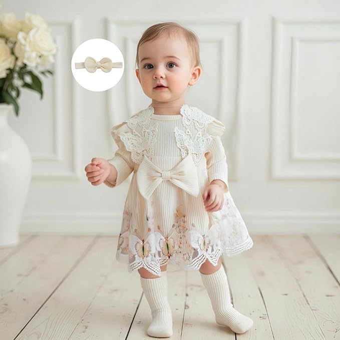 Giraropa Baby Girl Fall Winter Clothes Long Sleeve Romper Dress + Socks + Headband Newborn Infant Cute Casual Outfits