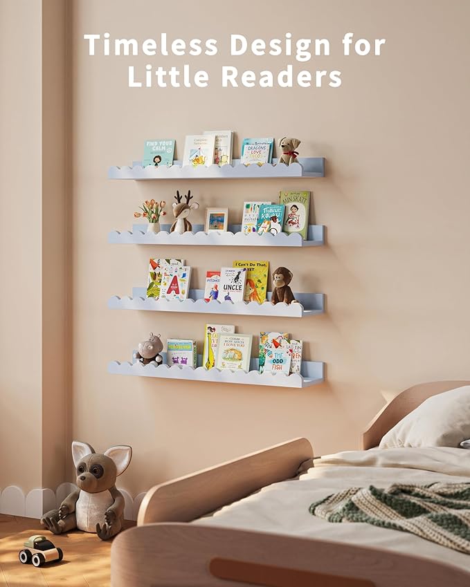 Shario Nursery Book Shelves, 4-Pack White Floating Shelves for Wall Kids, Scalloped Shelves, Wall Book Shelves for Bedroom Kids, Toddler Room, Baby Room, Nursery Decor(Blue, 23 Inches)