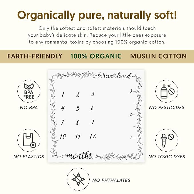 Pondering Pine Organic Baby Monthly Milestone Blanket Boy or Girl - Months Blanket with Wood Frame and Newborn Announcement Disc - Growth Chart for 1-12 Month Milestones, Gender Neutral, 47”x47”