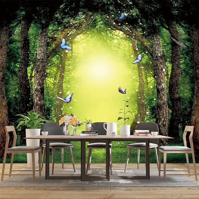 Classy Dream Butterfly Forest Tree Wallpaper for Bedroom Jungle Woodland Wall Mural Living Room Large Woods Adhesive Fabric decorr - 137"x96"（Not Peel and Stick）