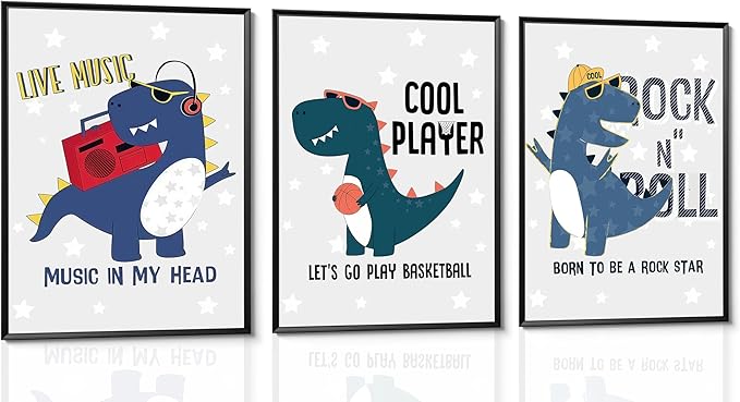 3Pcs Cartoon Dinosaur Wall Art Trio Set Music Sports Rock Themes Playful Canvas Prints Vibrant Color Posters Starry Gray Background Pictures Paintings for Kids Room Wall Decor Nursery Decoration Unframed